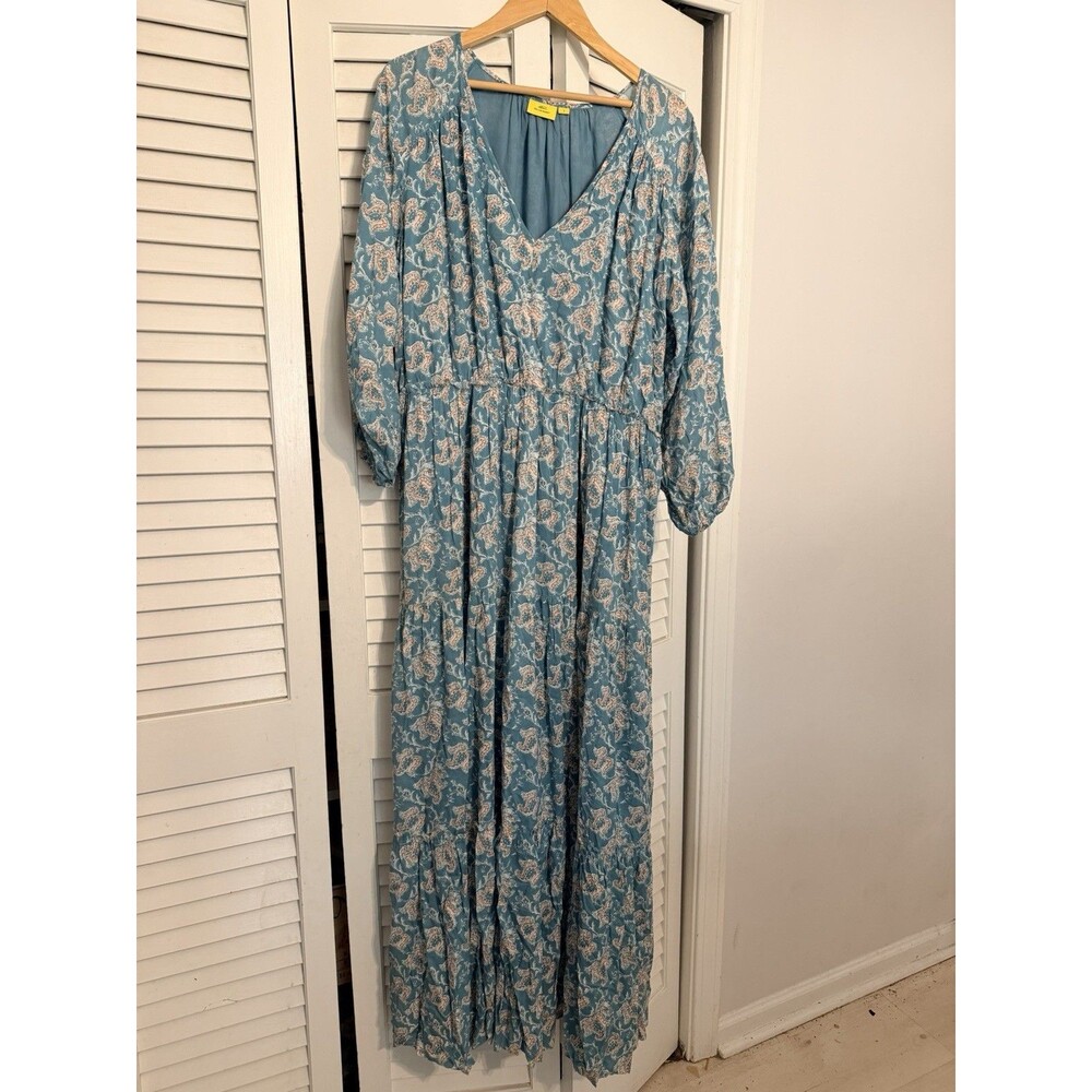 Roberta Roller Rabbit Tiered Maxi Dress Paisley Floral Blue Lined Boho Womens L